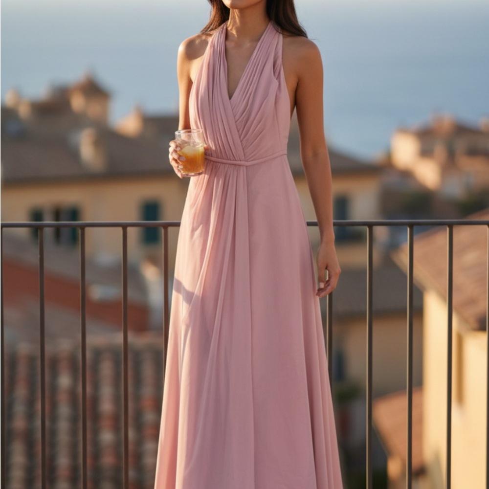David's Bridal Soft Pink Halter Maxi Dress